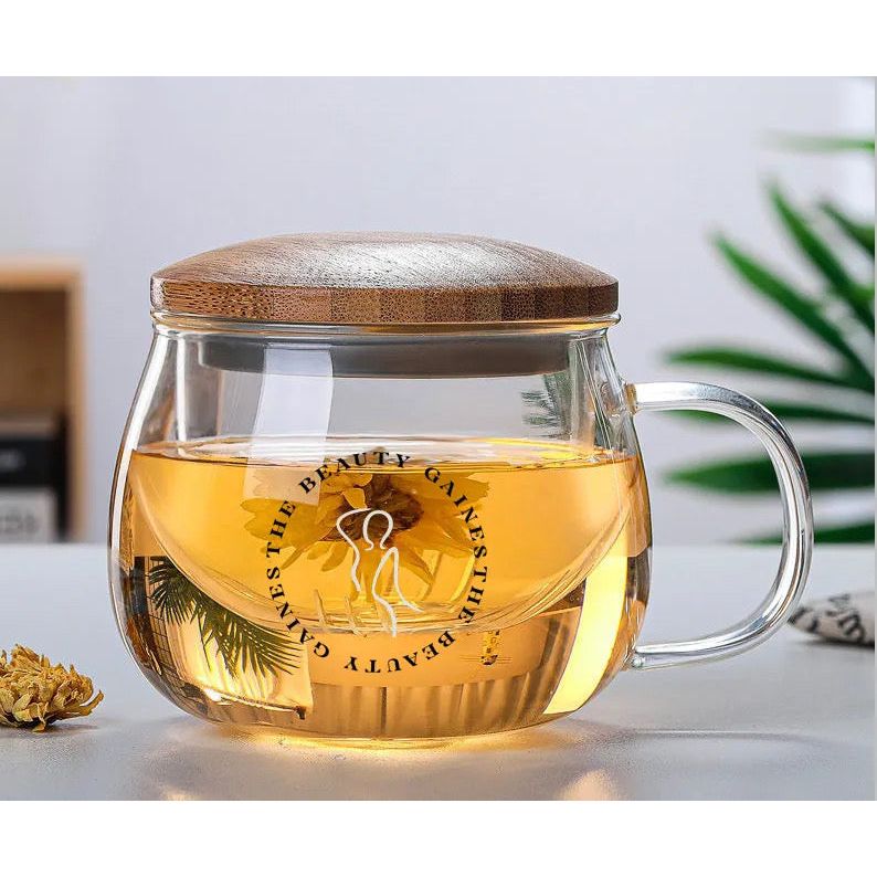 Tasse avec infuseur en verre et couvercle en bambou